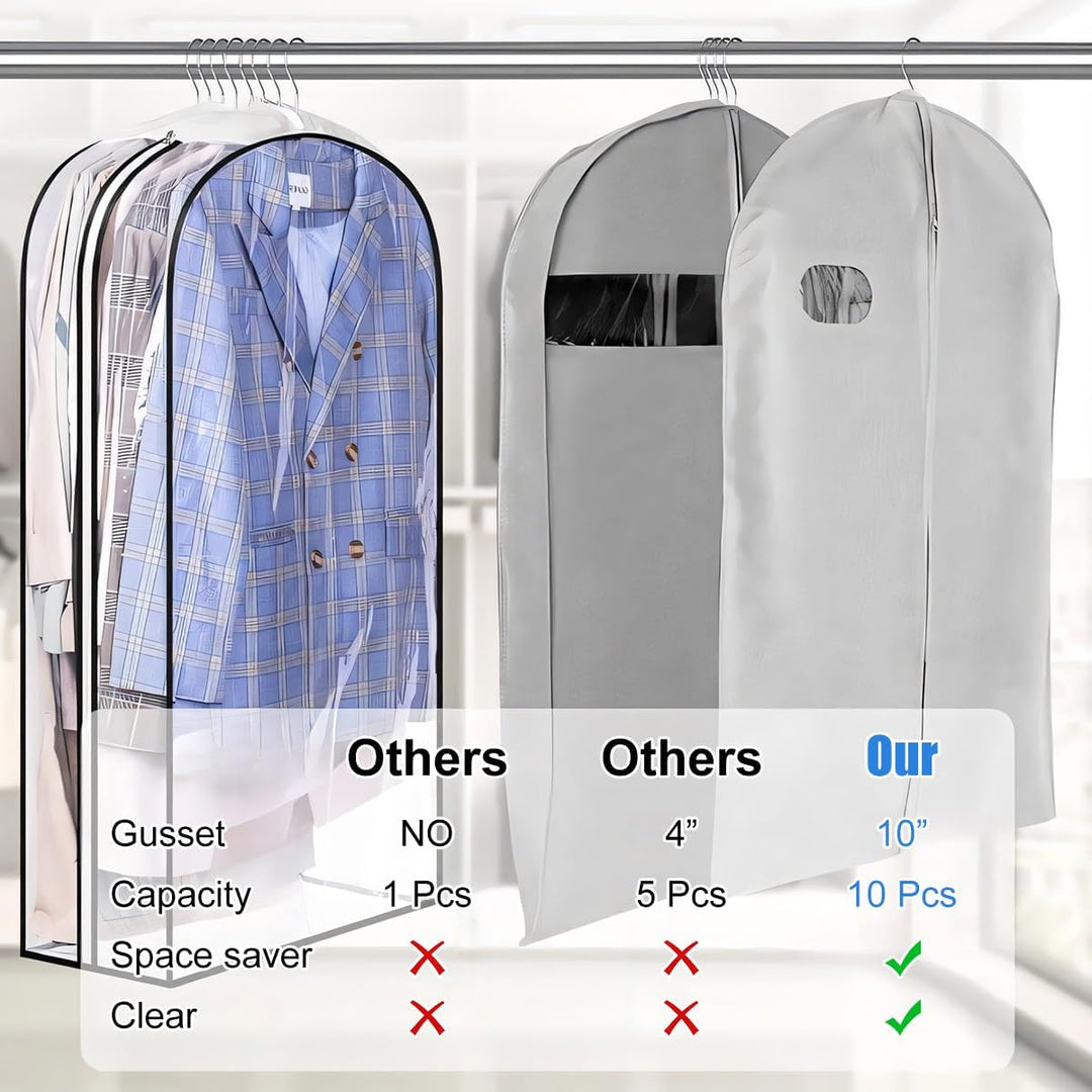 Closet storage solution: clear garment bags keeping coats & clothing protected, visible & dust-free.