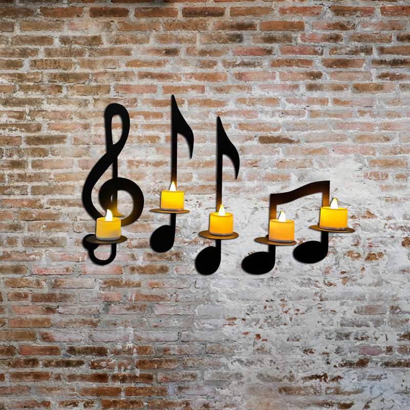Unisex black metal music note candle holder, wall hanging for a decorative accent