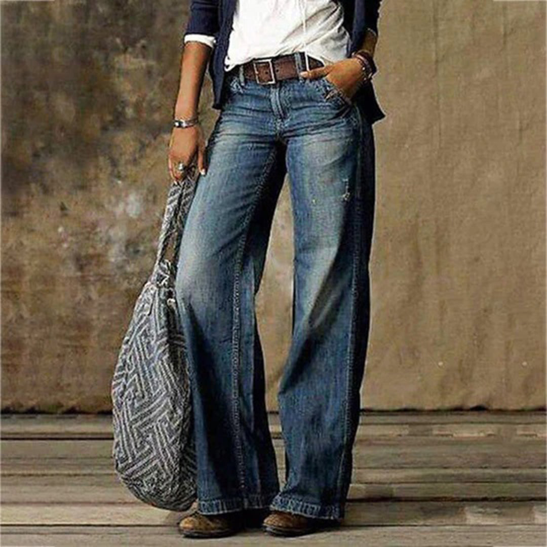 Comfortable light wash women's wide-leg jeans, high-waisted design for versatile fashion.