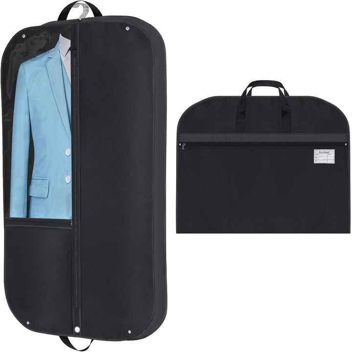 Two waterproof garment bags for suits & dresses, perfect for travel or wardrobe storage. Protects clothes.