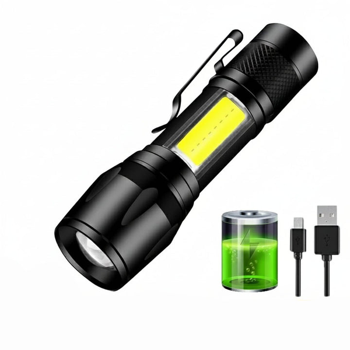 Powerful 100,000 lumen LED flashlight, waterproof & rechargeable for camping & tactical needs.