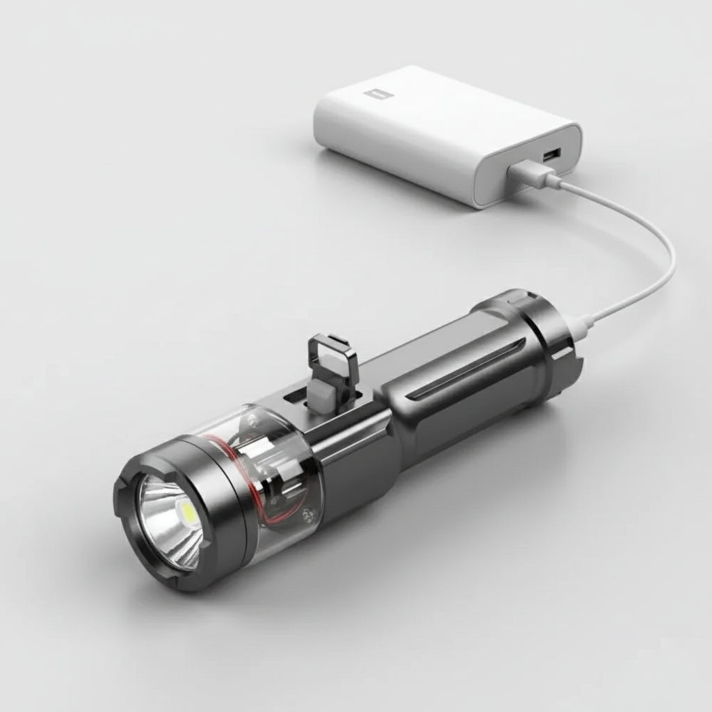 Rechargeable, ultra-bright 100,000 lumen LED flashlight, essential for emergency & outdoor lighting.