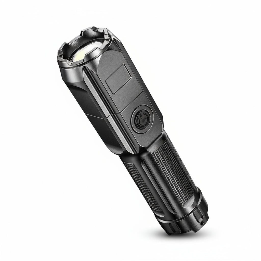 Tactical 100,000 lumen waterproof LED flashlight for survival, emergency, and rugged outdoor illumination.
