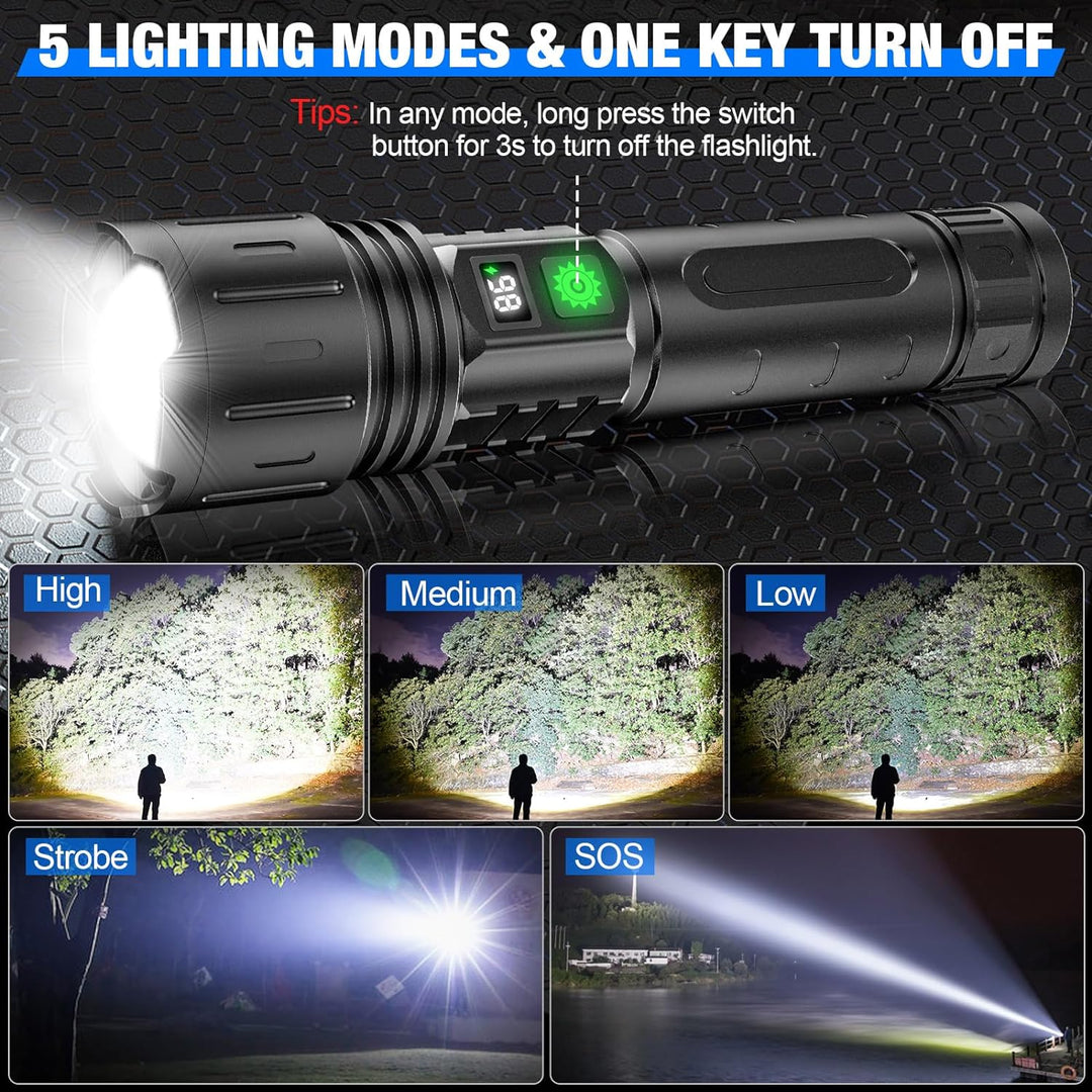 Powerful tactical LED flashlight, 100,000 lumens, essential emergency light & outdoor gear for hiking.