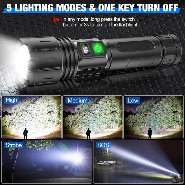 Powerful tactical LED flashlight, 100,000 lumens, essential emergency light & outdoor gear for hiking.