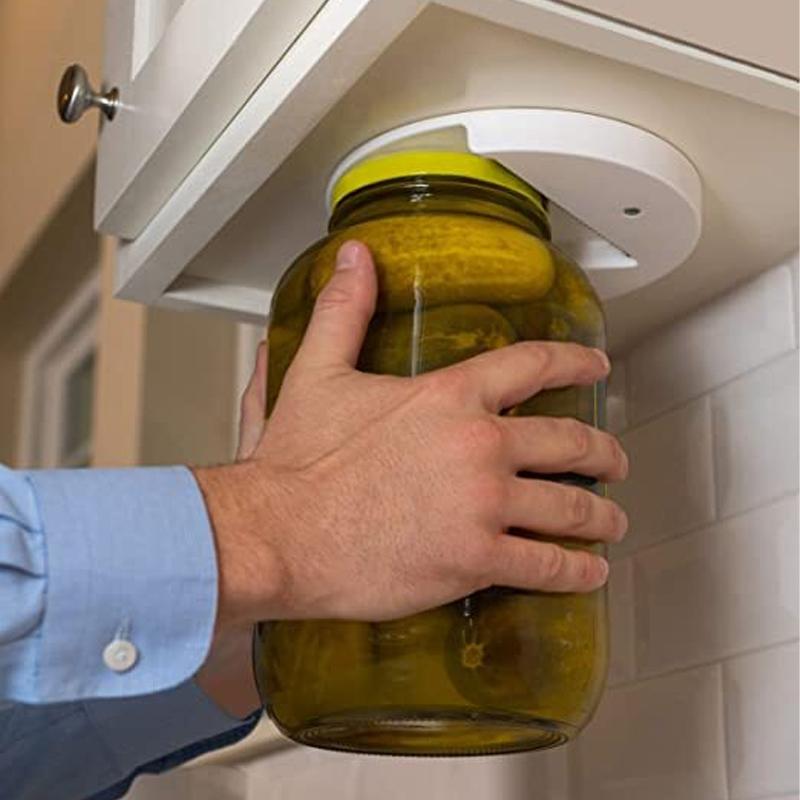 Kitchen jar opener mounted discreetly under cabinet, black finish, ideal for various lid sizes & arthritis.