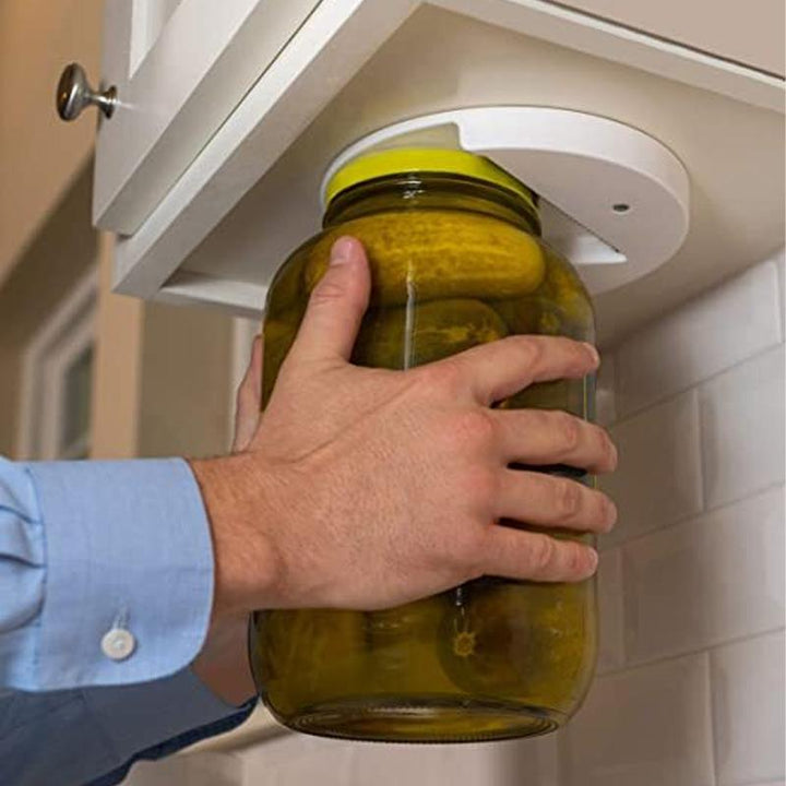 Kitchen jar opener mounted discreetly under cabinet, black finish, ideal for various lid sizes & arthritis.