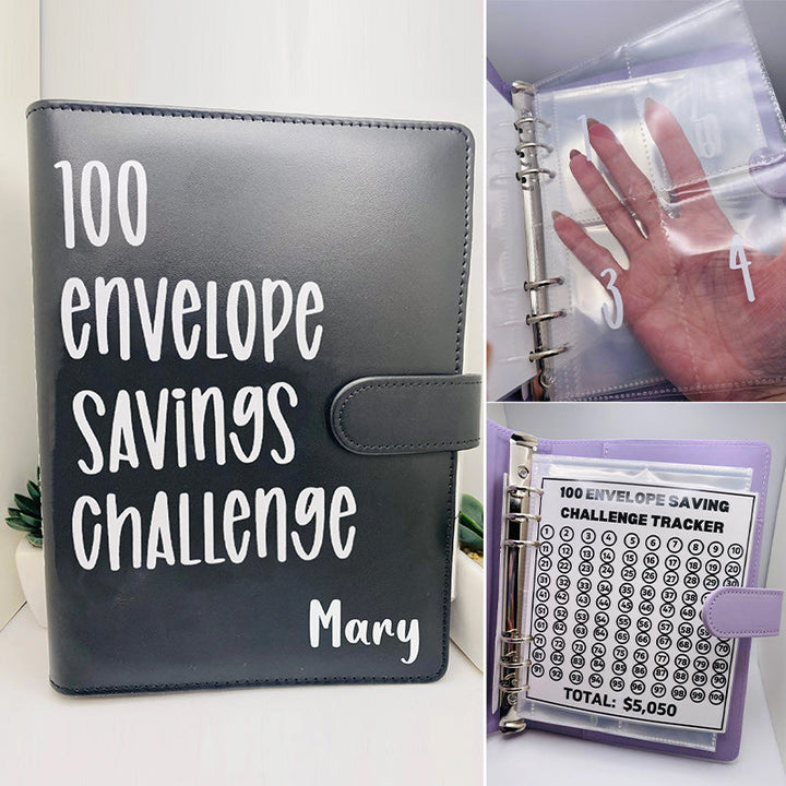 The 100 Envelope Money Savings Challenge Binder beside a piggy bank, highlighting savings goals