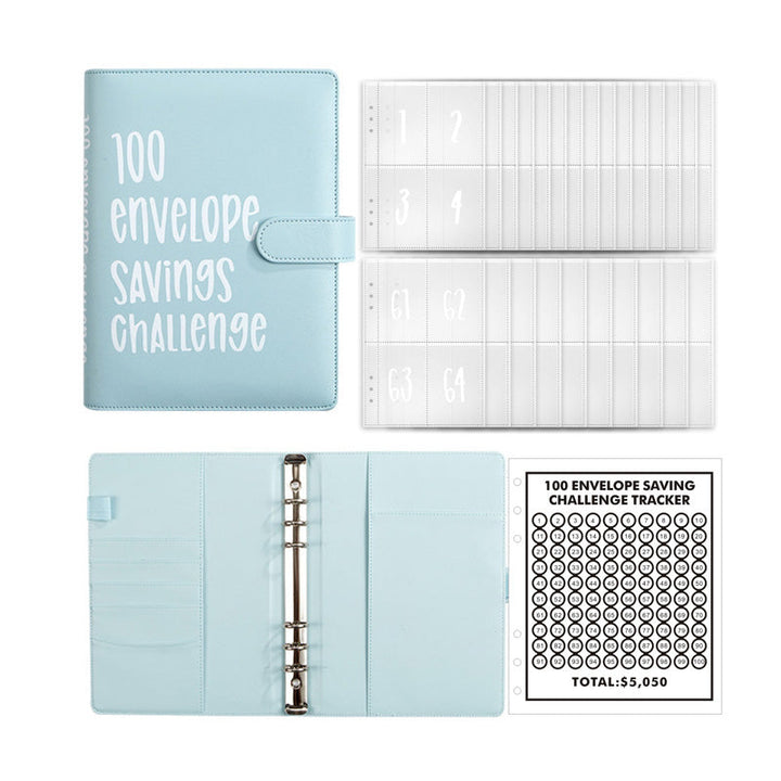 Back view of the sleek PU leather 100 Envelopes Money Saving Challenge Kit, finance gift