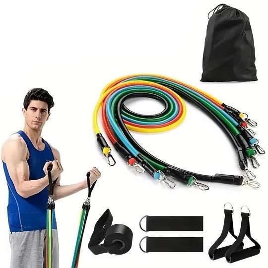 Unisex 11-piece resistance band set with handles & door anchor for effective home strength training workouts.