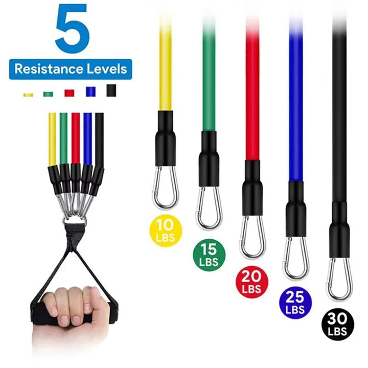 Full body workout with a portable TPE resistance band set, perfect fitness equipment for any home gym.