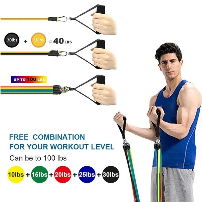 Complete 11-piece exercise band set for strength training, ideal workout gear for men & women's home fitness.