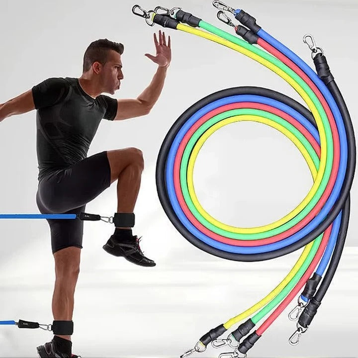 Unisex 11-piece exercise bands for all fitness levels, perfect for effective resistance training at home.