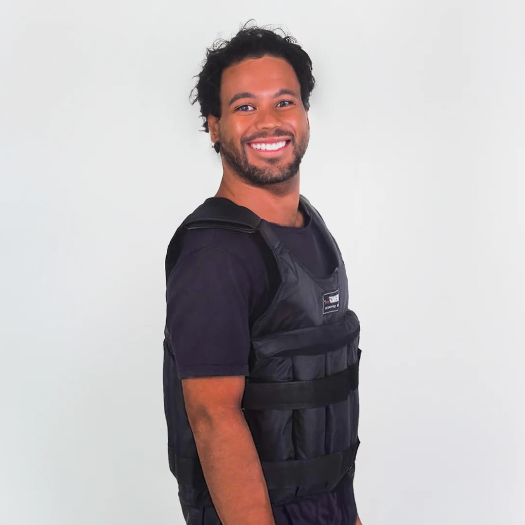 Robust 110 lb adjustable weighted vest for muscle building, strength training, and performance fitness workouts.