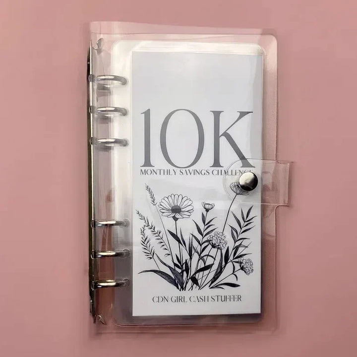 Unisex 12-Month Money Saving Challenge Binder with cash stuffing envelopes, open to show interior.