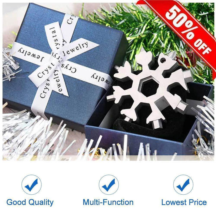Unisex 18-in-1 Snowflake Multi-tool Keychain, silver stainless steel, with survival gear functions