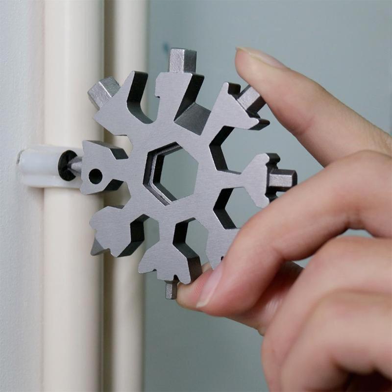 Stainless steel snowflake multi-tool, compact 18-in-1 design, perfect for camping and everyday use