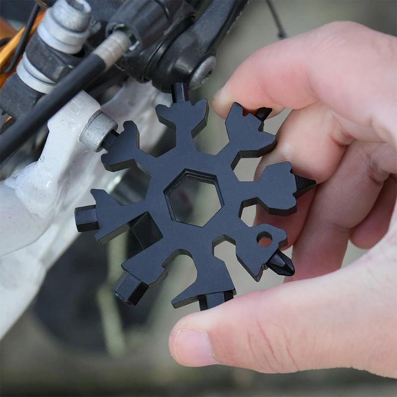 Unisex multi-tool, shaped like a snowflake, 18 functions in one, made from sturdy stainless steel
