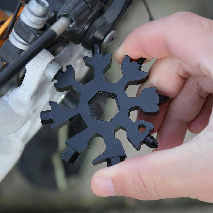 Unisex multi-tool, shaped like a snowflake, 18 functions in one, made from sturdy stainless steel