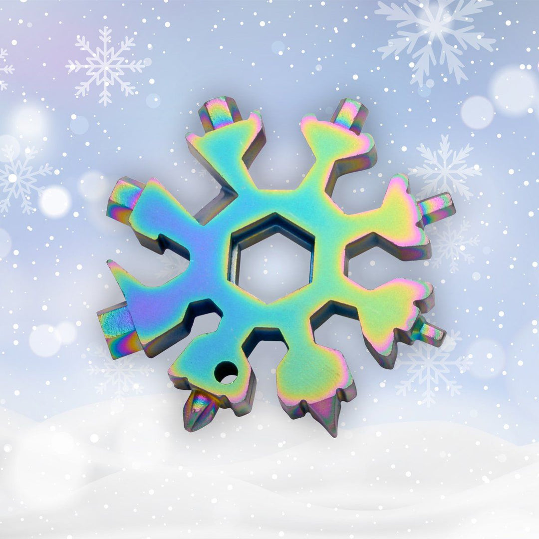 Close-up of the snowflake multi-tool's flathead screwdriver tip, essential for quick fixes