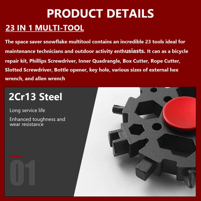 Close-up of snowflake multitool, showing detailed wrench and hex tool functions for EDC