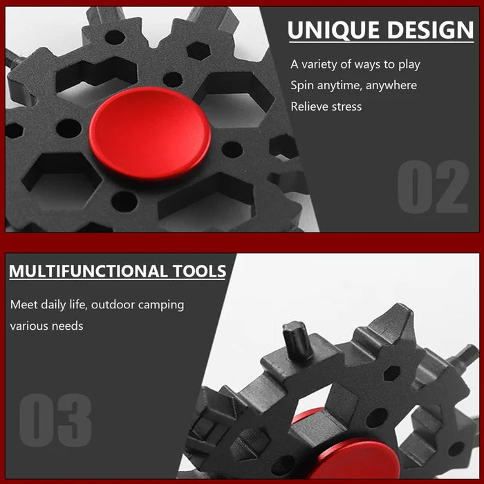 Silver snowflake multitool acting as a fidget spinner, showcasing its portable and fun use