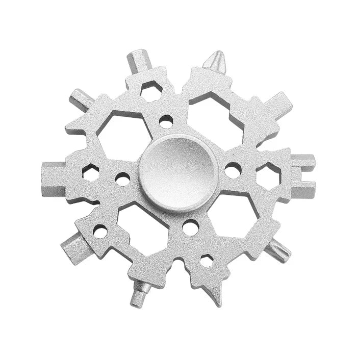 Detailed view of the snowflake multitool's durable construction and multiple tool functions