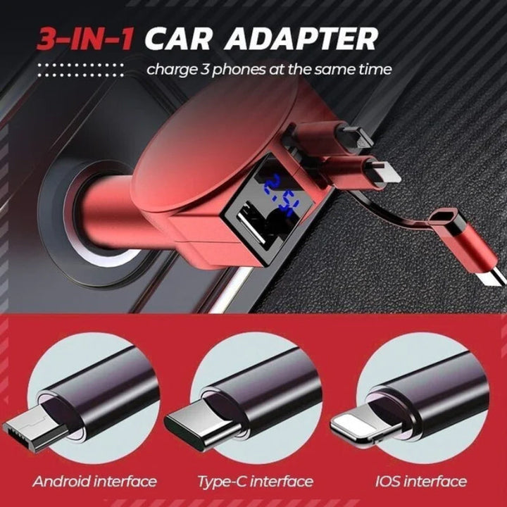 Unisex 3-in-1 retractable fast charging car adapter for smartphones & devices in vehicle