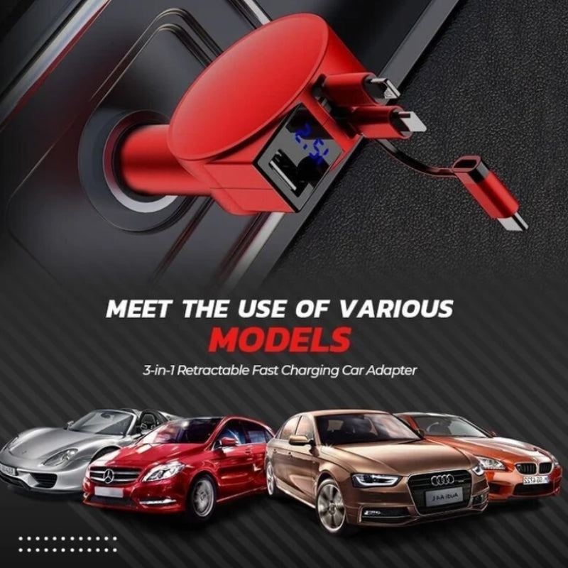 Versatile 3-in-1 car adapter with retractable cable, ideal for fast charging multiple devices