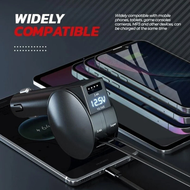 Unisex USB car charger with 3-in-1 retractable fast charging for convenience on the go