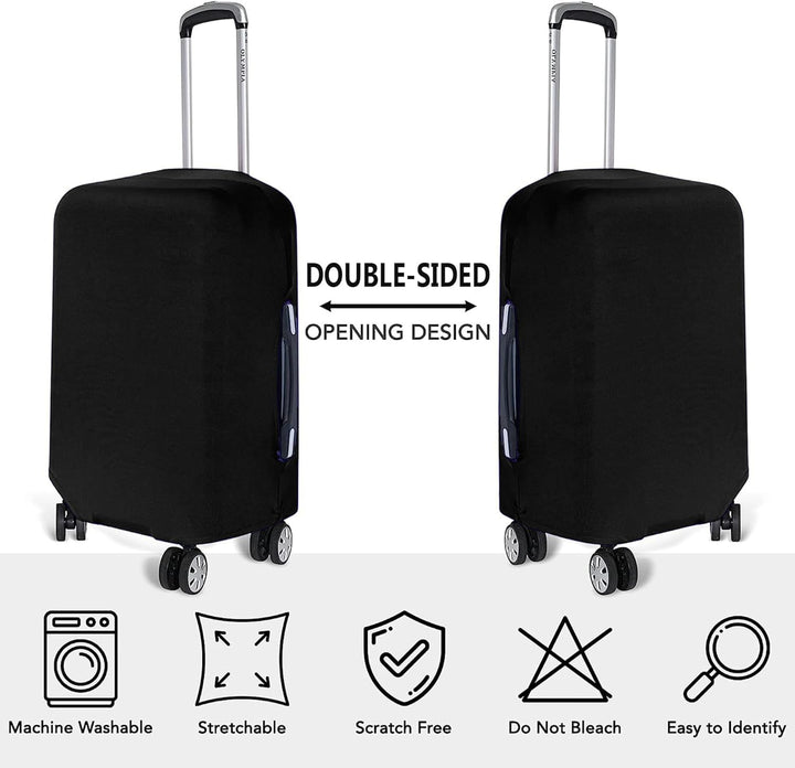 Complete 3-piece black stretchable luggage cover set. Anti-scratch & dustproof travel accessory for suitcase protection.