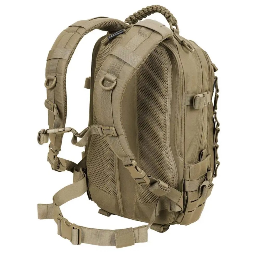 Front view of a 30L tactical waterproof hiking backpack, featuring MOLLE webbing for outdoor utility & gear attachment.