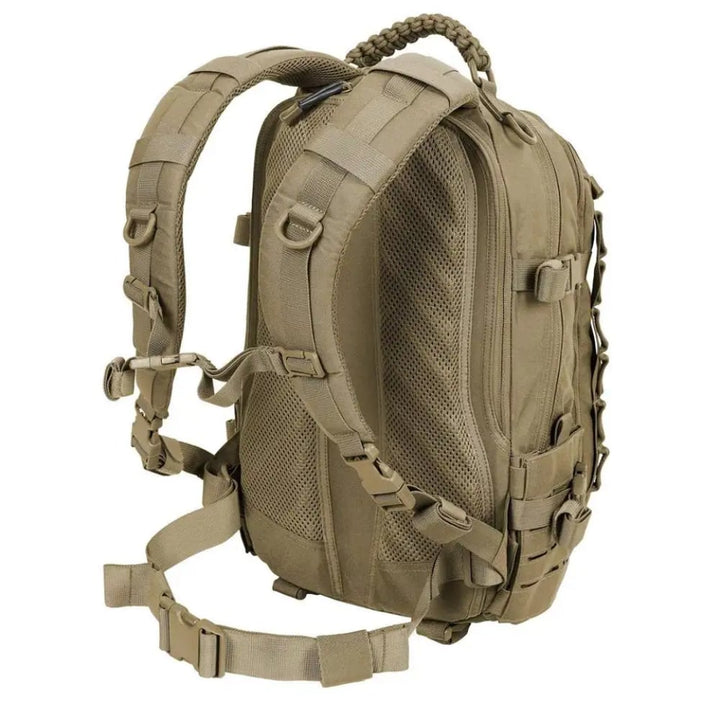 Front view of a 30L tactical waterproof hiking backpack, featuring MOLLE webbing for outdoor utility & gear attachment.
