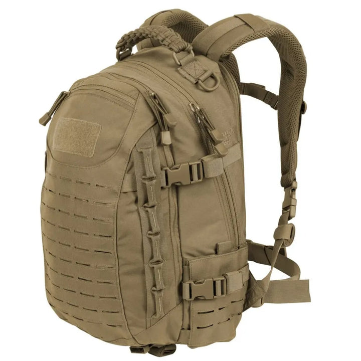Side view of 30L unisex waterproof tactical backpack, ideal for travel & camping, showing spacious design & durable fabric.
