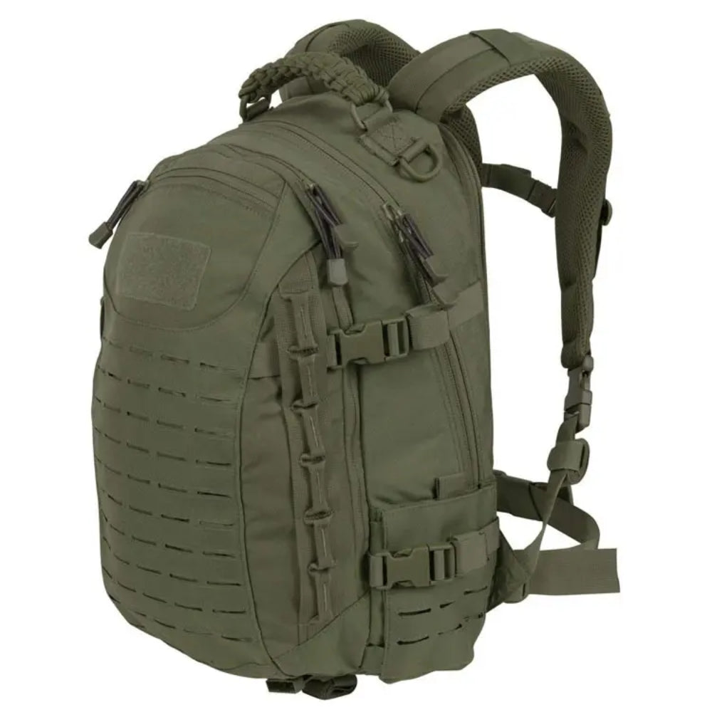 Back view of a 30L tactical hiking rucksack with padded straps & breathable back panel, comfortable for long treks.