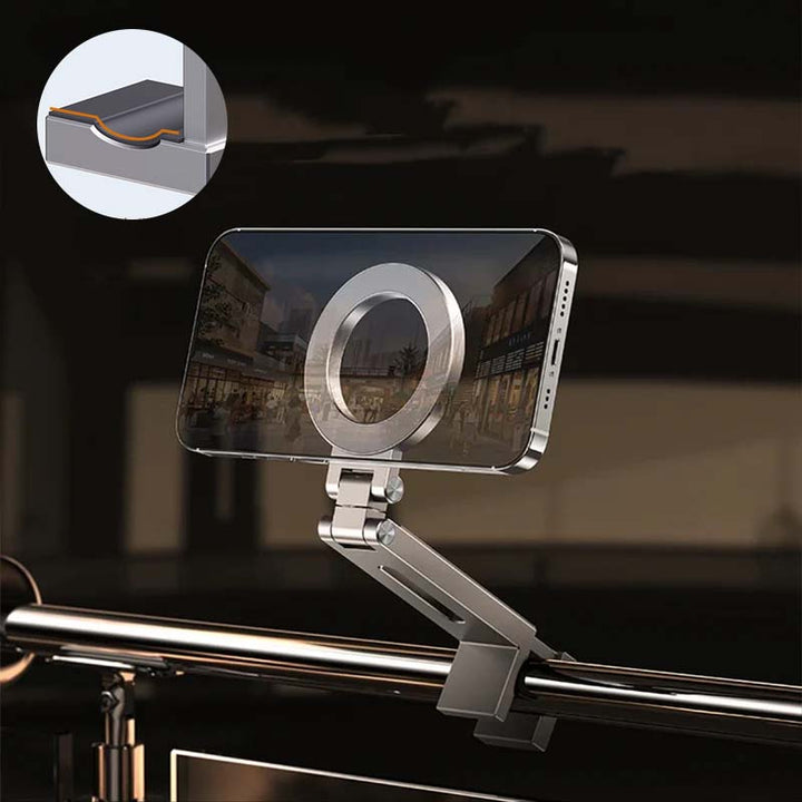 Silver magnetic phone stand, 360-degree rotating for versatile mobile desk accessory
