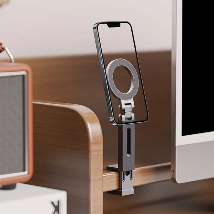 Adjustable magnetic phone stand, 360° rotation for optimal viewing angles on any desk