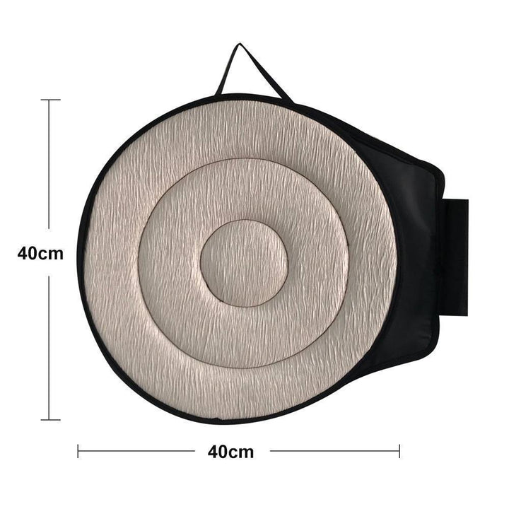 Close-up of a rotating seat cushion's swivel mechanism, designed for easy transfers, mobility aid