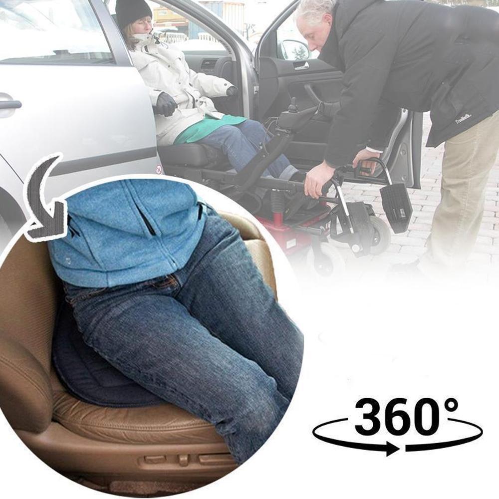 Person demonstrating use of a 360° rotating seat cushion for effortless pivoting in a vehicle