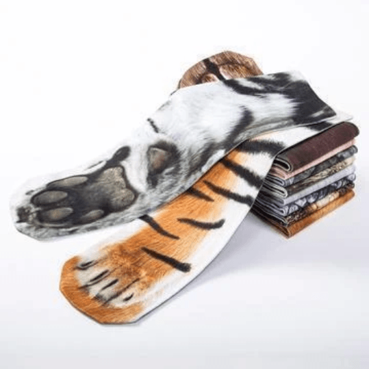 Close-up of 3D animal paw socks, wolf print pattern, warm & comfortable unisex gift.
