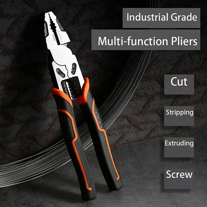 Close-up of the jaws of 4-in-1 lineman pliers highlighting wire stripping and crimping functions.