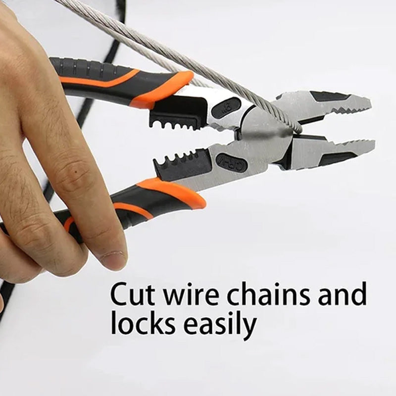 Ergonomic handle of the multi-tool lineman pliers, designed for comfortable grip during use.