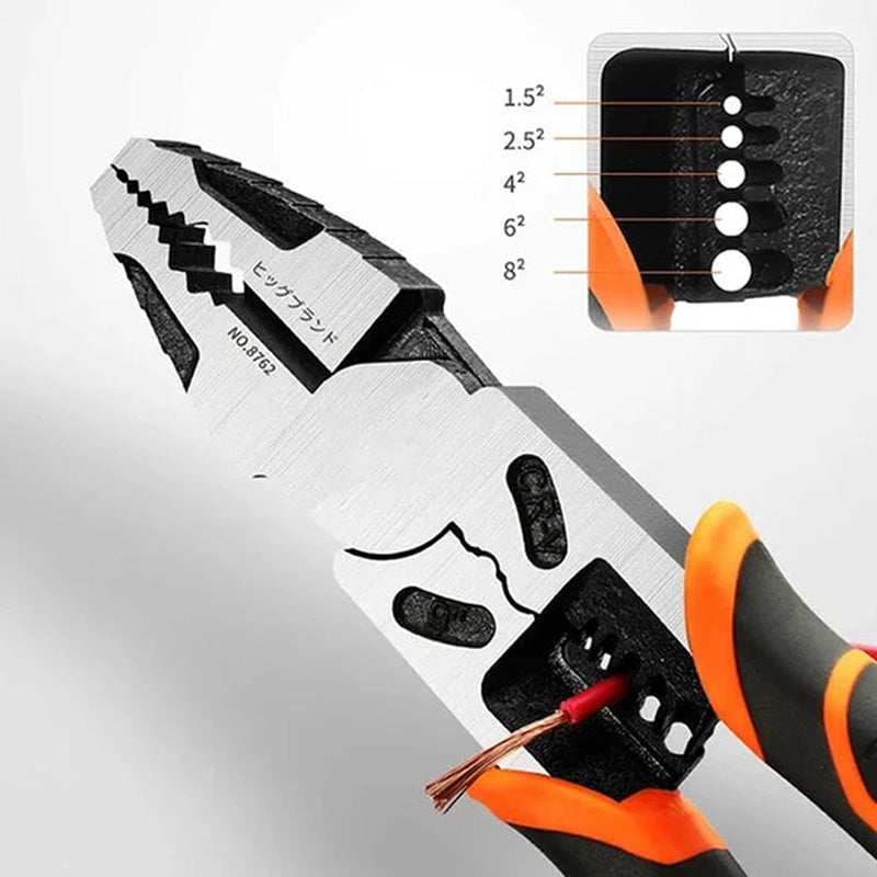 Lineman pliers being used to cut a thick electrical wire, demonstrating the cutter feature.