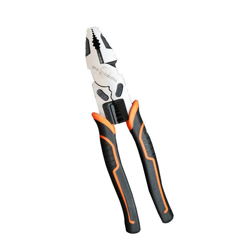 Detail shot of the crimping tool section on the multi-function lineman pliers for secure connections.