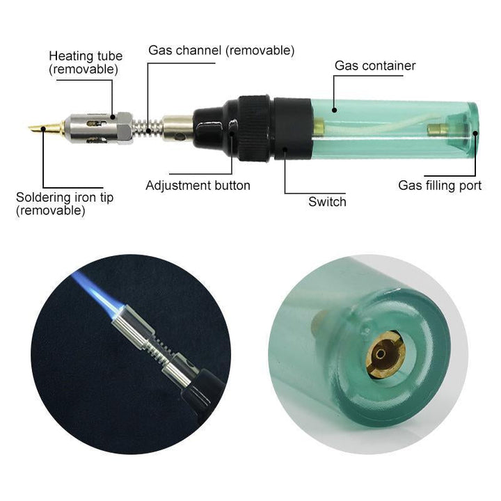 Handheld butane heat gun and soldering iron combo, essential for DIY projects