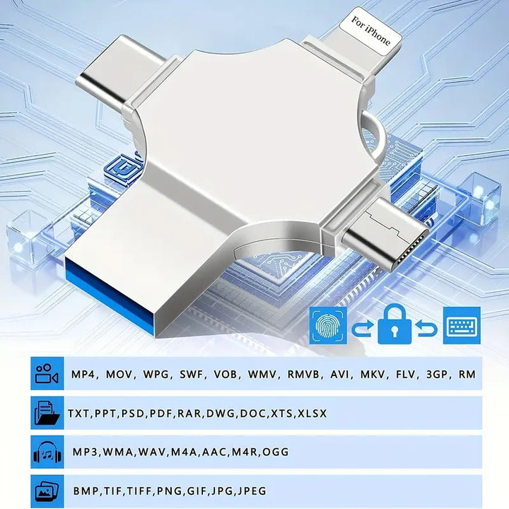 Portable USB 3.0 flash drive, 4-in-1 design for universal compatibility, ideal for quick data transfer