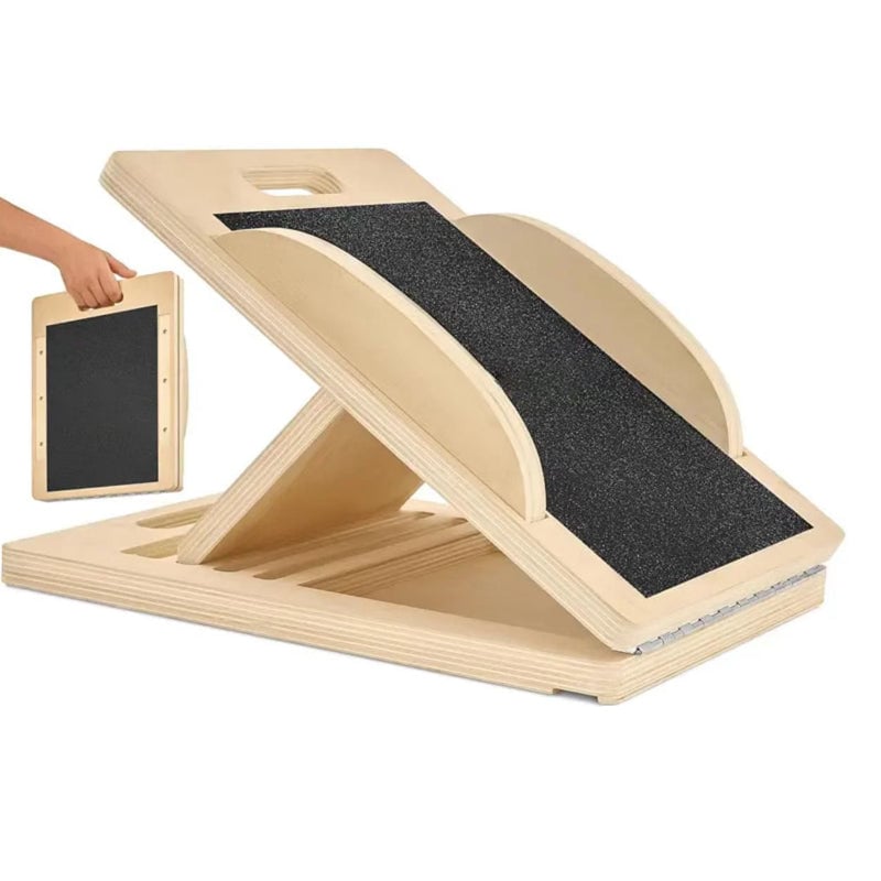 Sturdy natural wood slant board with 6 angle settings for targeted muscle stretching