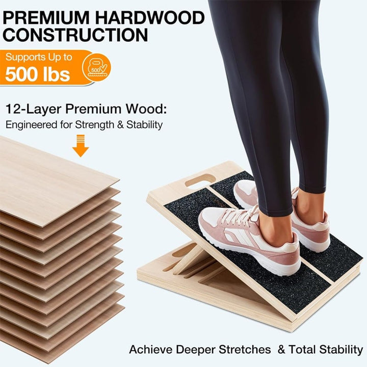 Stretching tool: Natural wood slant board with 6 adjustable positions for deep stretches