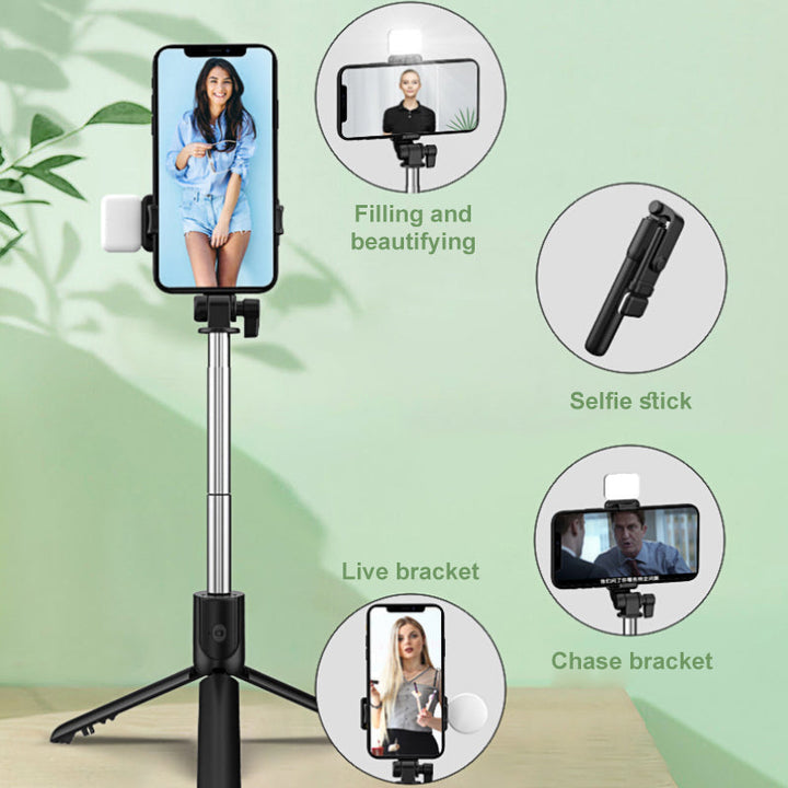 Durable aluminum alloy construction of a 6-in-1 wireless selfie stick tripod with light