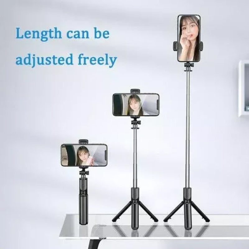 Detail of the fill light on a wireless selfie stick tripod, illuminating for better photos